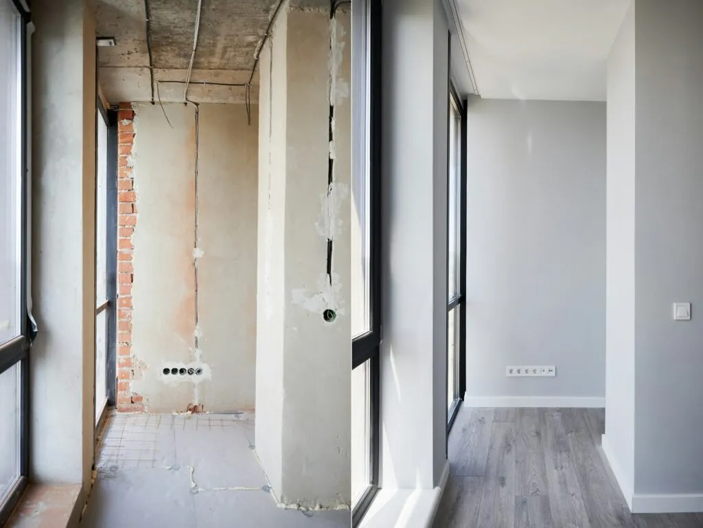 Apartment with large windows before and after renovation.